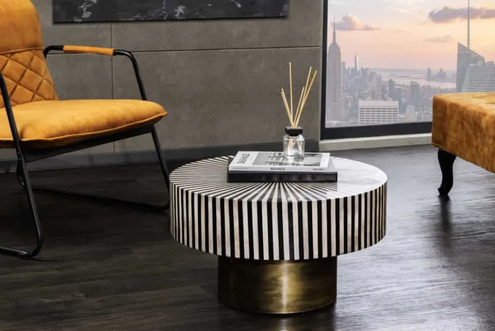 Bone Inlay Couchtisch HARMONY NATURE 60cm rund schwarz weiß gold Intarsien Kunsthandwerk