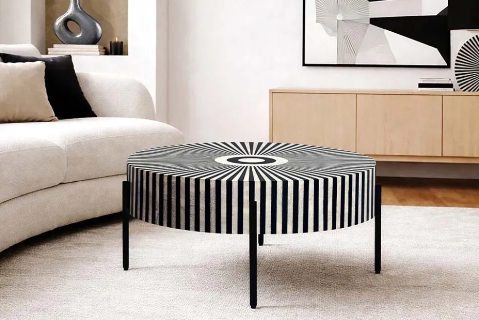 Bone Inlay Couchtisch HARMONY NATURE 65cm schwarz weiß Intarsien Kunsthandwerk