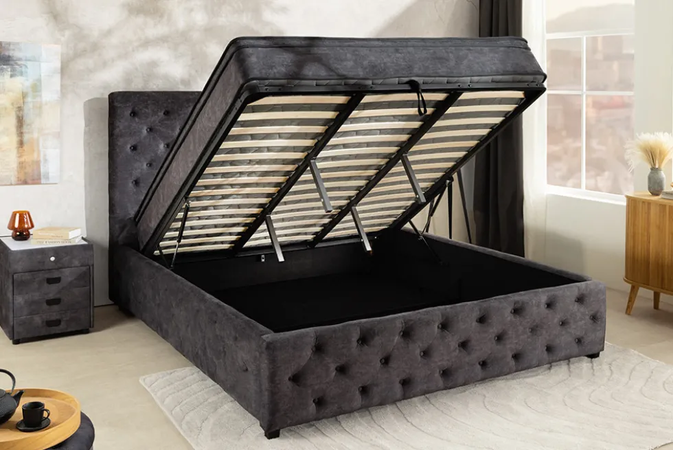 Boxbett PARIS 160x200cm grau Samt mit Stauraum inkl. Matratze und Topper