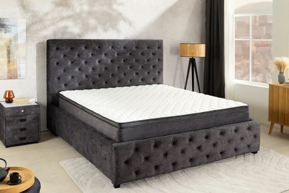Boxbett PARIS 160x200cm grau Samt mit Stauraum inkl. Matratze und Topper