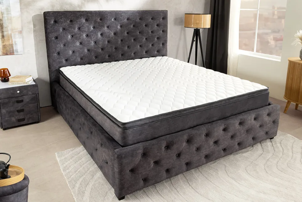 Boxbett PARIS 160x200cm grau Samt mit Stauraum inkl. Matratze und Topper