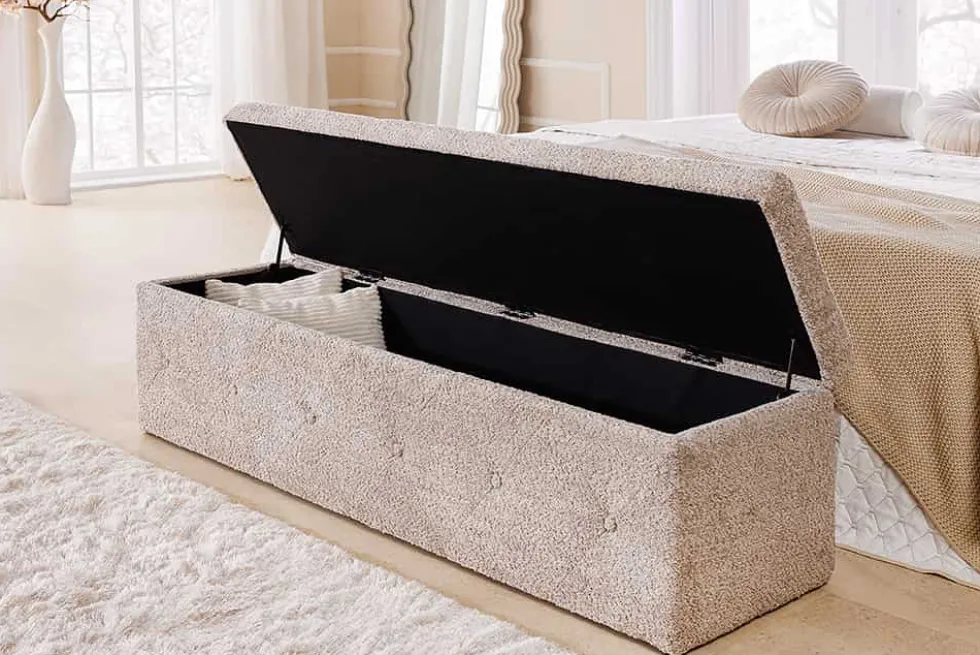 Chesterfield Bettbank EXTRAVAGANCIA 140cm champagner greige Bouclè mit Stauraum