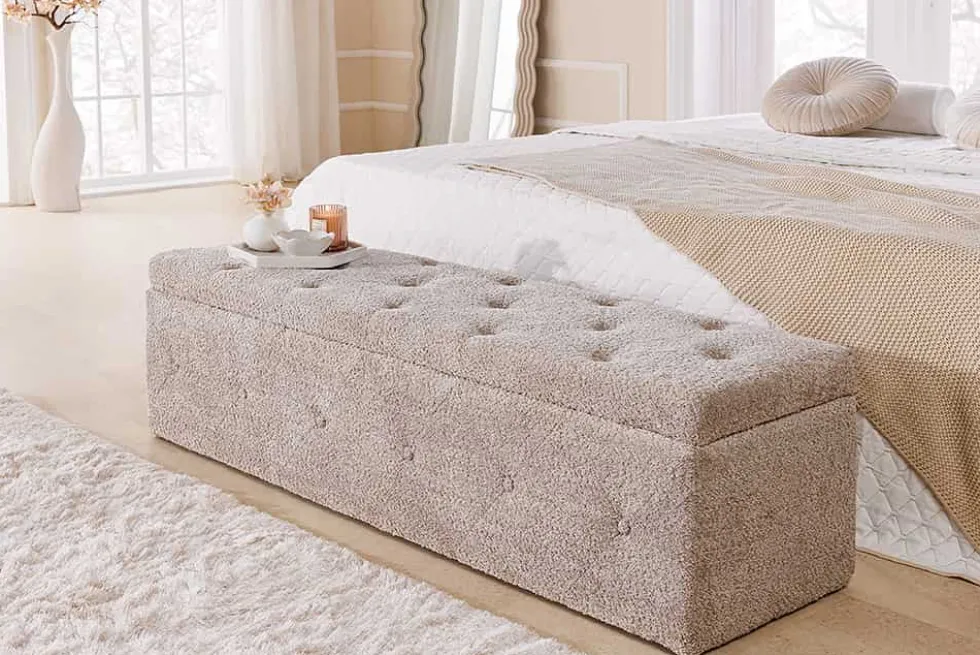 Chesterfield Bettbank EXTRAVAGANCIA 140cm champagner greige Bouclè mit Stauraum