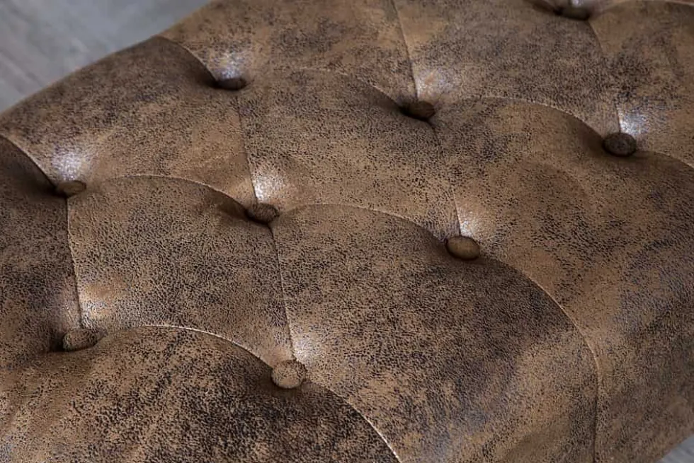 Chesterfield Fußhocker 80cm antik braun mit Knopfheftung und Nietenbesatz