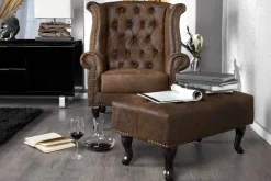 Chesterfield Fußhocker 80cm antik braun mit Knopfheftung und Nietenbesatz