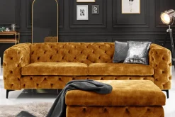 Chesterfield Hocker MODERN BAROCK 90cm senfgelb Samt Sitzhocker Fußhocker