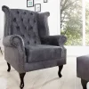 Chesterfield Ohrensessel antik grau Microfaser mit Knopfheftung