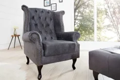 Chesterfield Ohrensessel antik grau Microfaser mit Knopfheftung
