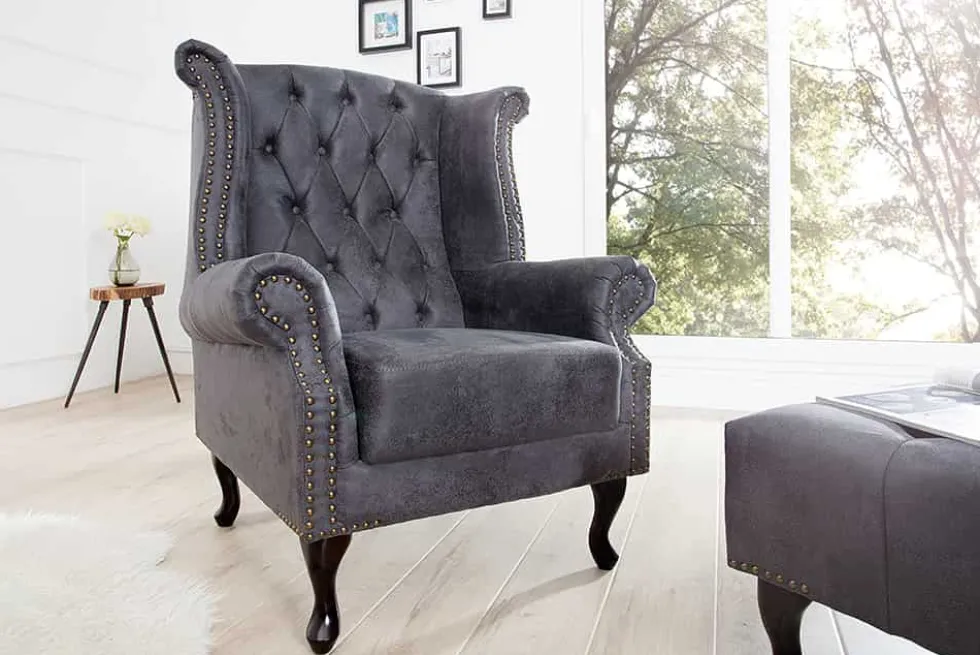 Chesterfield Ohrensessel antik grau Microfaser mit Knopfheftung
