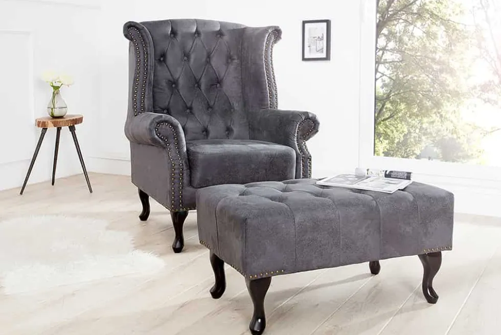 Chesterfield Ohrensessel antik grau Microfaser mit Knopfheftung