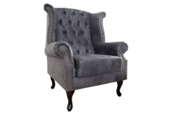 Chesterfield Ohrensessel antik grau Microfaser mit Knopfheftung