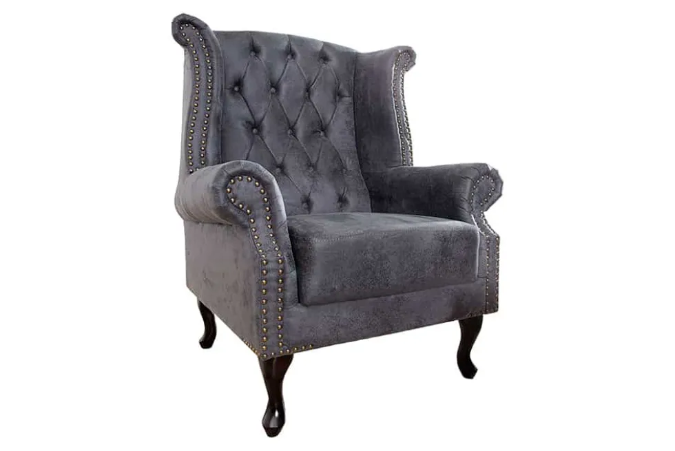Chesterfield Ohrensessel antik grau Microfaser mit Knopfheftung