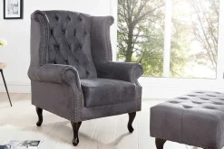 Chesterfield Ohrensessel antik grau Microfaser mit Knopfheftung