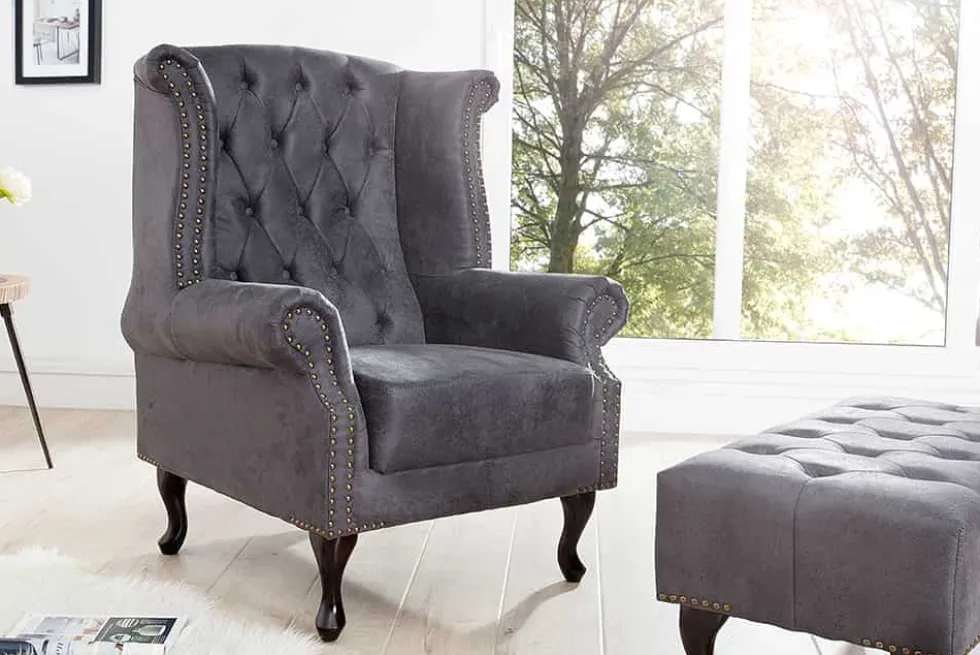 Chesterfield Ohrensessel antik grau Microfaser mit Knopfheftung