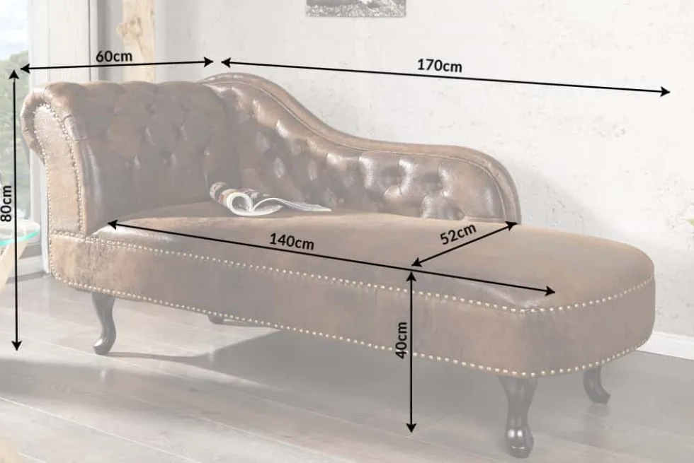 Chesterfield Récamière 170cm antik braun mit Knopfheftung und Nietenbesatz