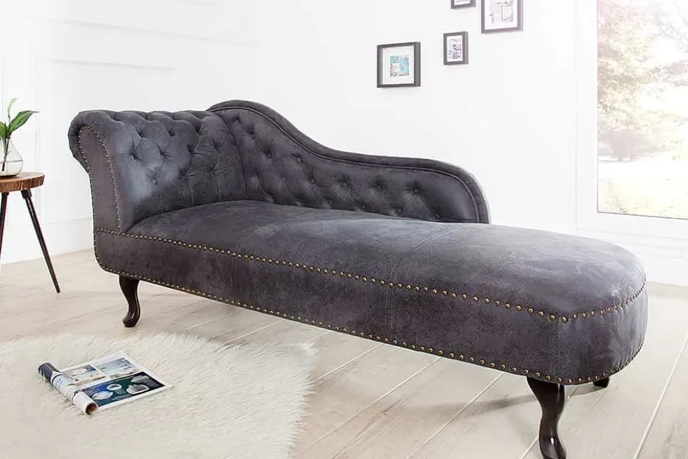 Chesterfield Récamière 170cm antik grau mit Knopfheftung und Nietenbesatz