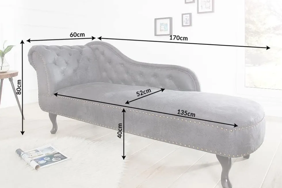 Chesterfield Récamière 170cm antik grau mit Knopfheftung und Nietenbesatz