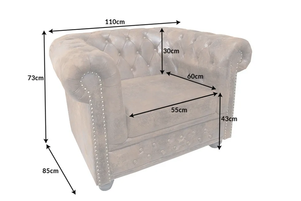 Chesterfield Sessel 110cm antik braun mit Knopfheftung und Federkern