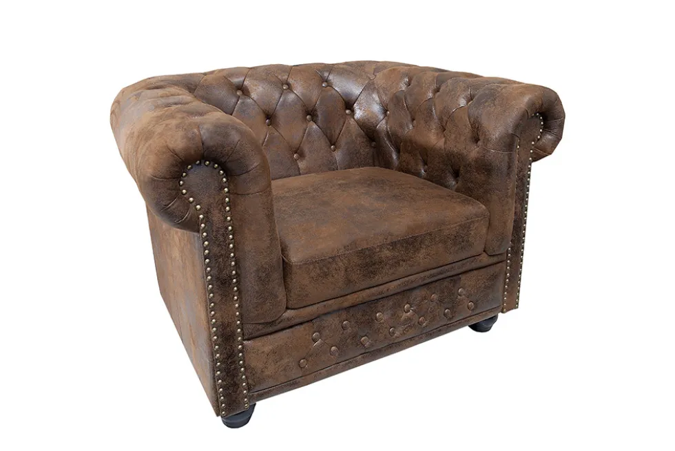 Chesterfield Sessel 110cm antik braun mit Knopfheftung und Federkern