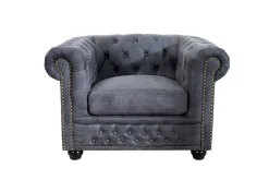Chesterfield Sessel 105cm antik grau mit Knopfheftung und Federkern