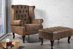 Chesterfield Sessel 85cm antik braun Microfaser mit Knopfheftung