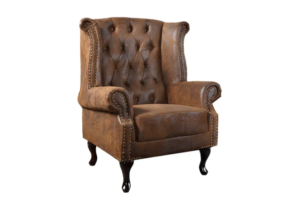 Chesterfield Sessel 85cm antik braun Microfaser mit Knopfheftung