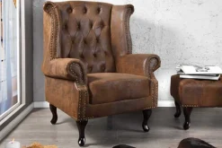 Chesterfield Sessel 85cm antik braun Microfaser mit Knopfheftung