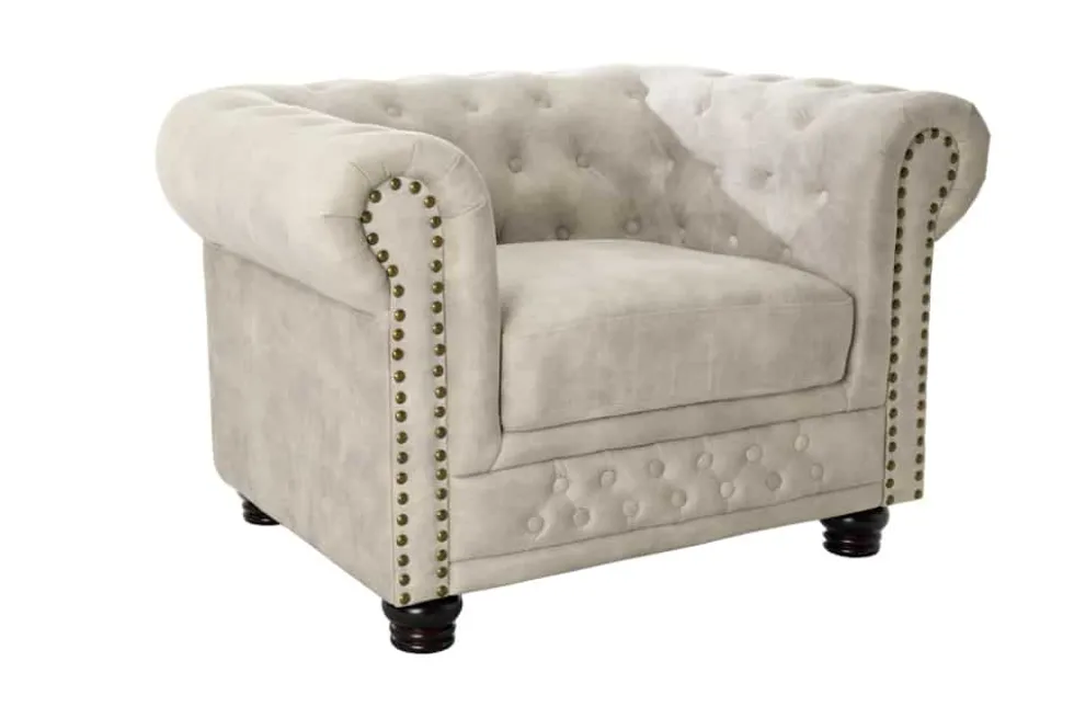 Chesterfield Sessel 110cm Samt champagner beige mit Knopfheftung und Federkern