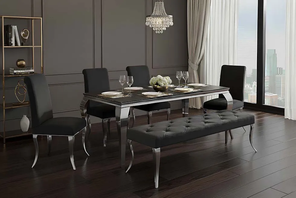 Chesterfield Sitzbank MODERN BAROCK DELUXE 170cm schwarz Samt silber Edelstahl