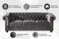 Chesterfield 3-Sitzer Sofa 205cm grau Samt Federkern Knopfheftung