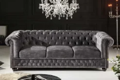 Chesterfield 3-Sitzer Sofa 205cm grau Samt Federkern Knopfheftung