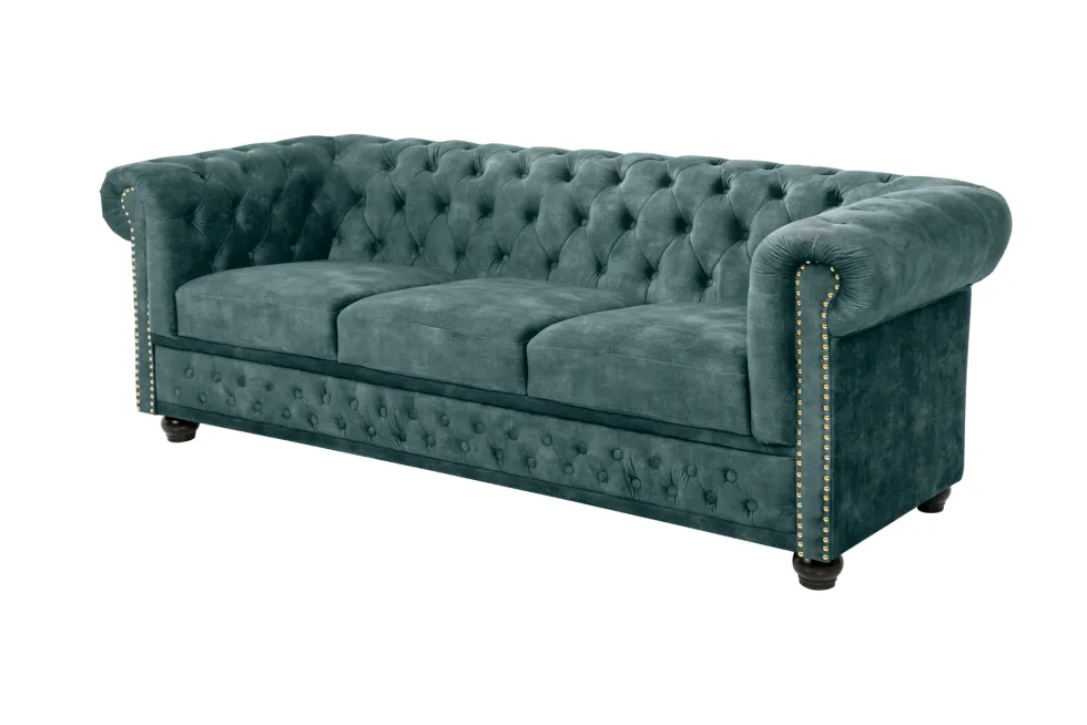 Chesterfield 3-Sitzer Sofa 205cm petrol Samt Federkern Goldnieten Knopfheftung
