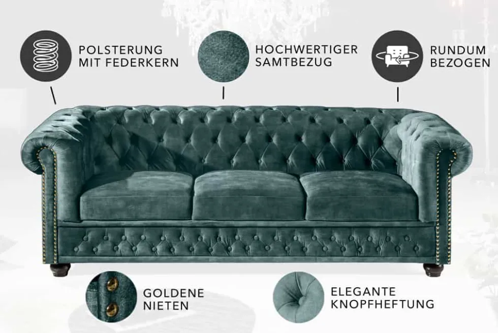 Chesterfield 3-Sitzer Sofa 205cm petrol Samt Federkern Goldnieten Knopfheftung