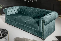 Chesterfield 3-Sitzer Sofa 205cm petrol Samt Federkern Goldnieten Knopfheftung