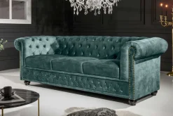 Chesterfield 3-Sitzer Sofa 205cm petrol Samt Federkern Goldnieten Knopfheftung
