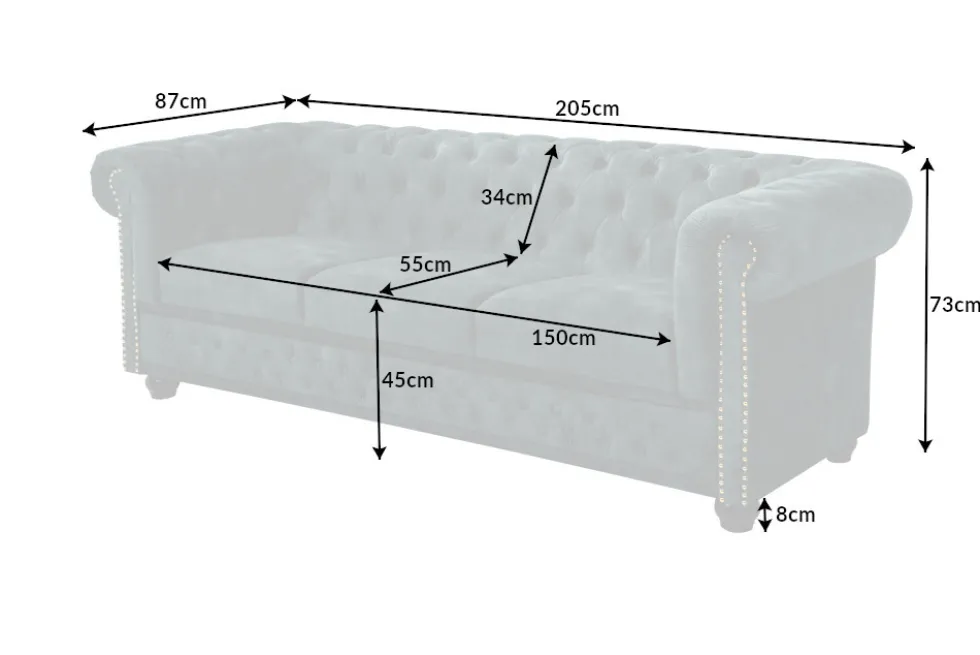Chesterfield 3-Sitzer Sofa 205cm petrol Samt Federkern Goldnieten Knopfheftung