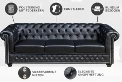 Chesterfield 3-Sitzer Sofa 205cm schwarz Nietenbesatz Federkern