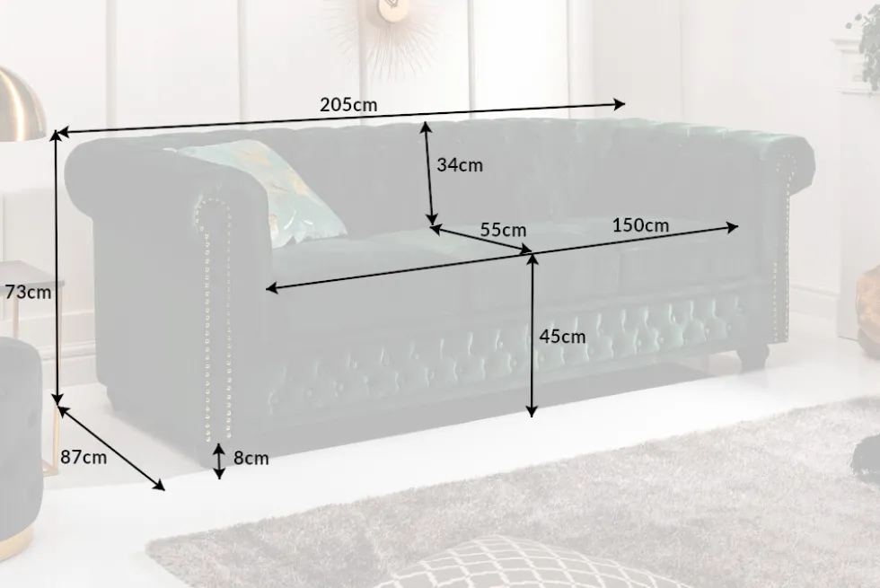 Chesterfield 3-Sitzer Sofa 205cm flaschengrün Samt Federkern Knopfheftung