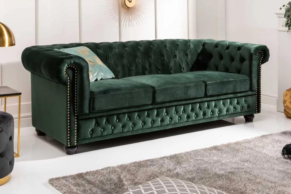 Chesterfield 3-Sitzer Sofa 205cm flaschengrün Samt Federkern Knopfheftung