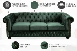 Chesterfield 3-Sitzer Sofa 205cm flaschengrün Samt Federkern Knopfheftung