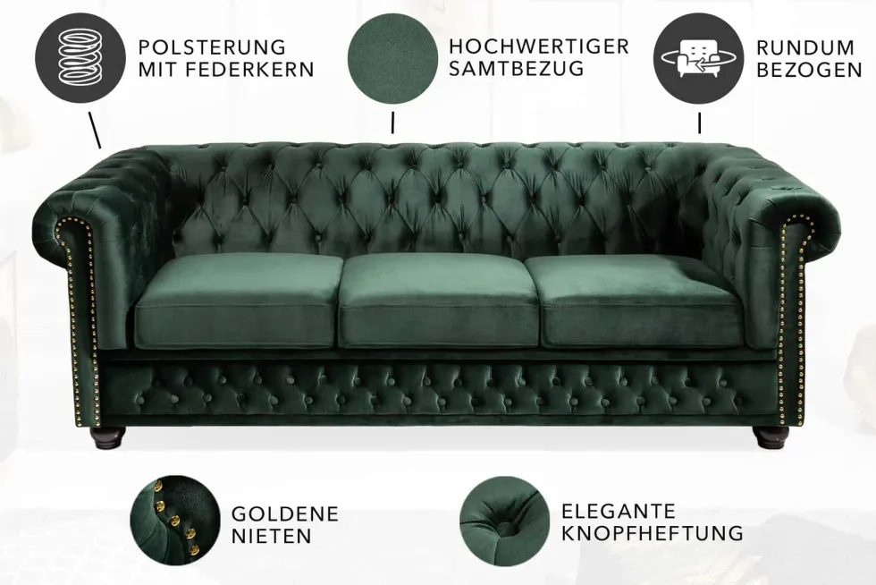 Chesterfield 3-Sitzer Sofa 205cm flaschengrün Samt Federkern Knopfheftung
