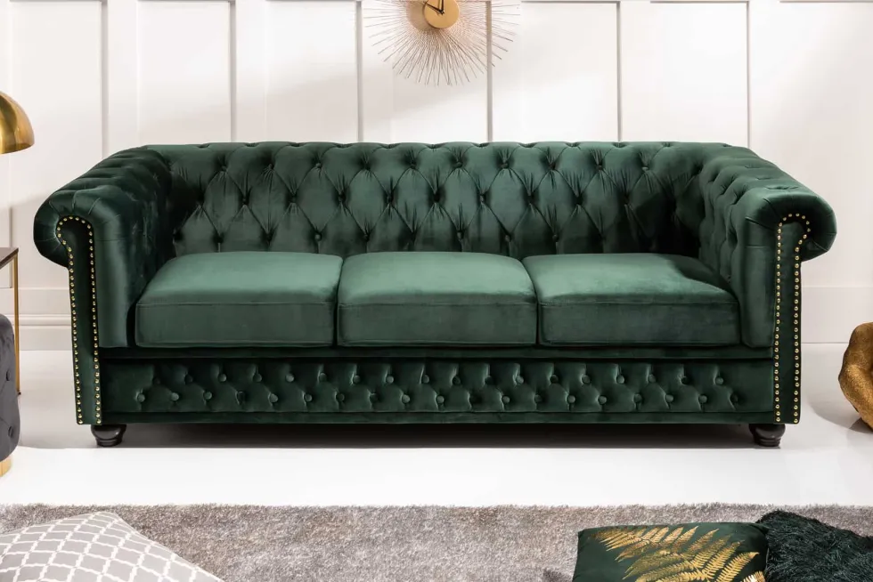 Chesterfield 3-Sitzer Sofa 205cm flaschengrün Samt Federkern Knopfheftung