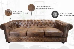 Chesterfield 3-Sitzer Sofa 205cm antik braun Microfaser Federkern Knopfheftung