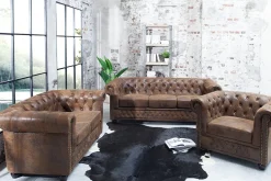 Chesterfield 3-Sitzer Sofa 205cm antik braun Microfaser Federkern Knopfheftung