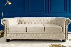 Chesterfield 3-Sitzer Sofa 200cm champagner beige Samt Federkern Knopfheftung
