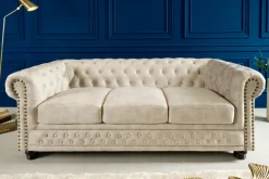 Chesterfield 3-Sitzer Sofa 200cm champagner beige Samt Federkern Knopfheftung
