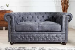 Chesterfield 2-Sitzer Sofa 150cm antik grau Microfaser Federkern Knopfheftung