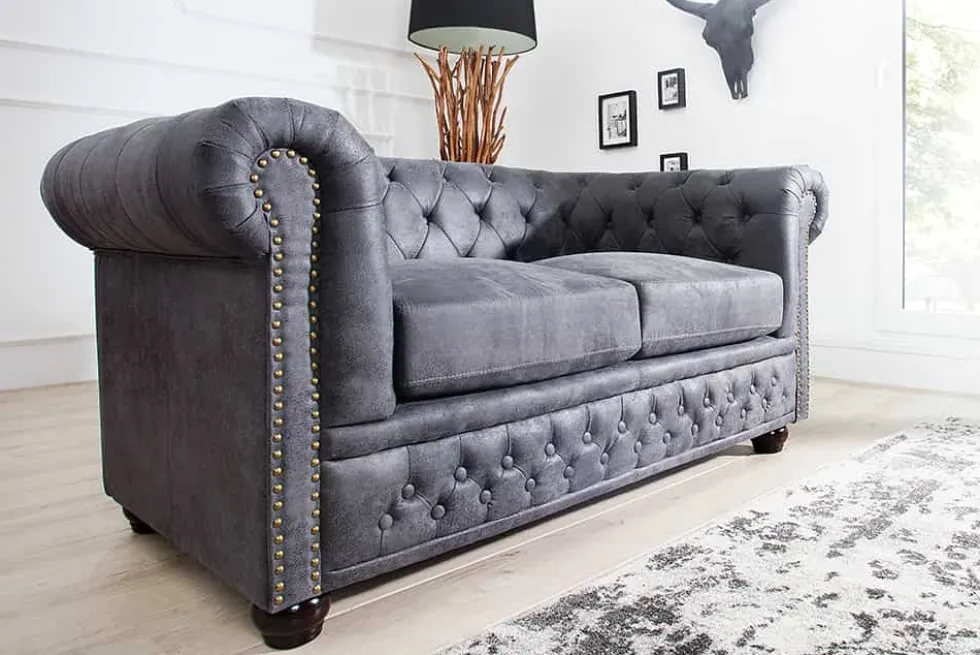 Chesterfield 2-Sitzer Sofa 150cm antik grau Microfaser Federkern Knopfheftung