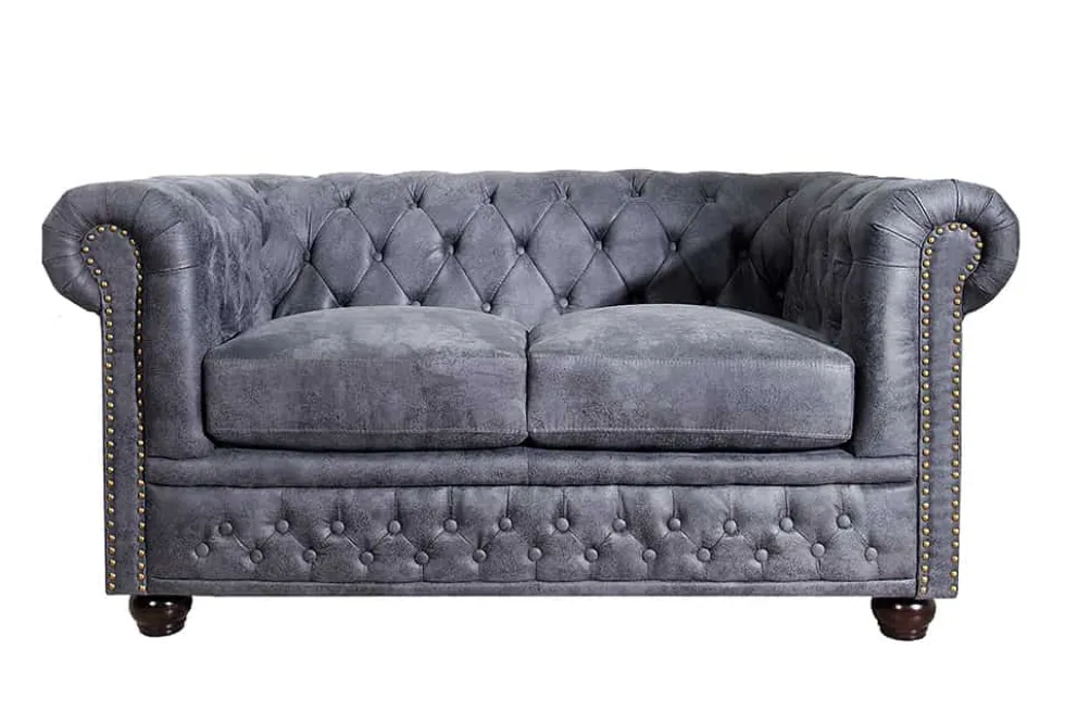 Chesterfield 2-Sitzer Sofa 150cm antik grau Microfaser Federkern Knopfheftung