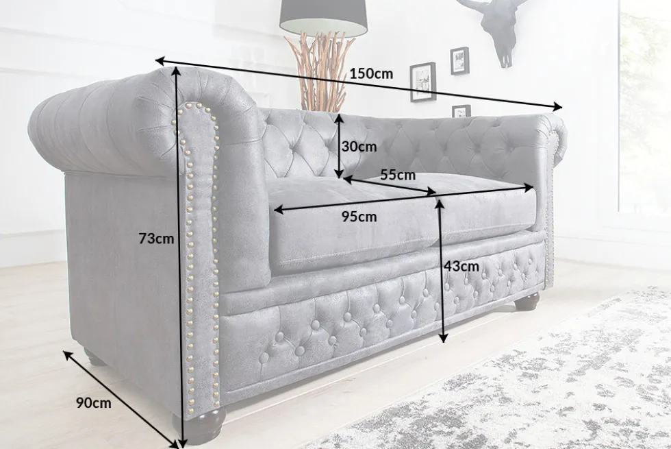Chesterfield 2-Sitzer Sofa 150cm antik grau Microfaser Federkern Knopfheftung